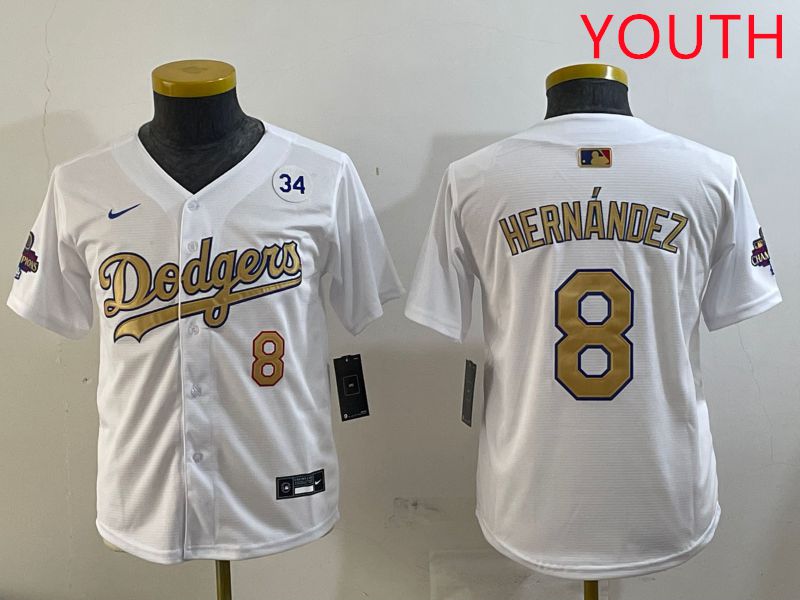 Youth Los Angeles Dodgers #8 Hernandez White Champion gold character 2025 Nike MLB Jersey style 4->youth mlb jersey->Youth Jersey